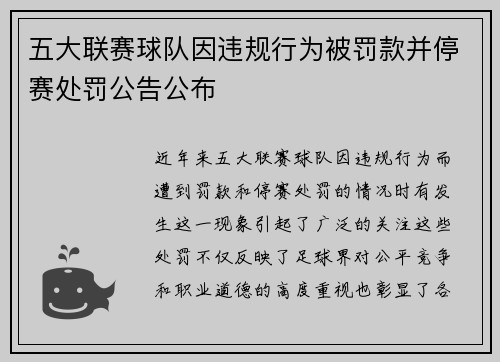 五大联赛球队因违规行为被罚款并停赛处罚公告公布